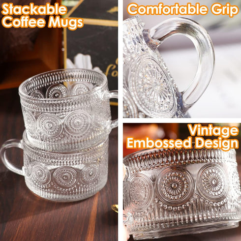 Vintage Glass Coffee Mugs Set of 2, 14 Ounces